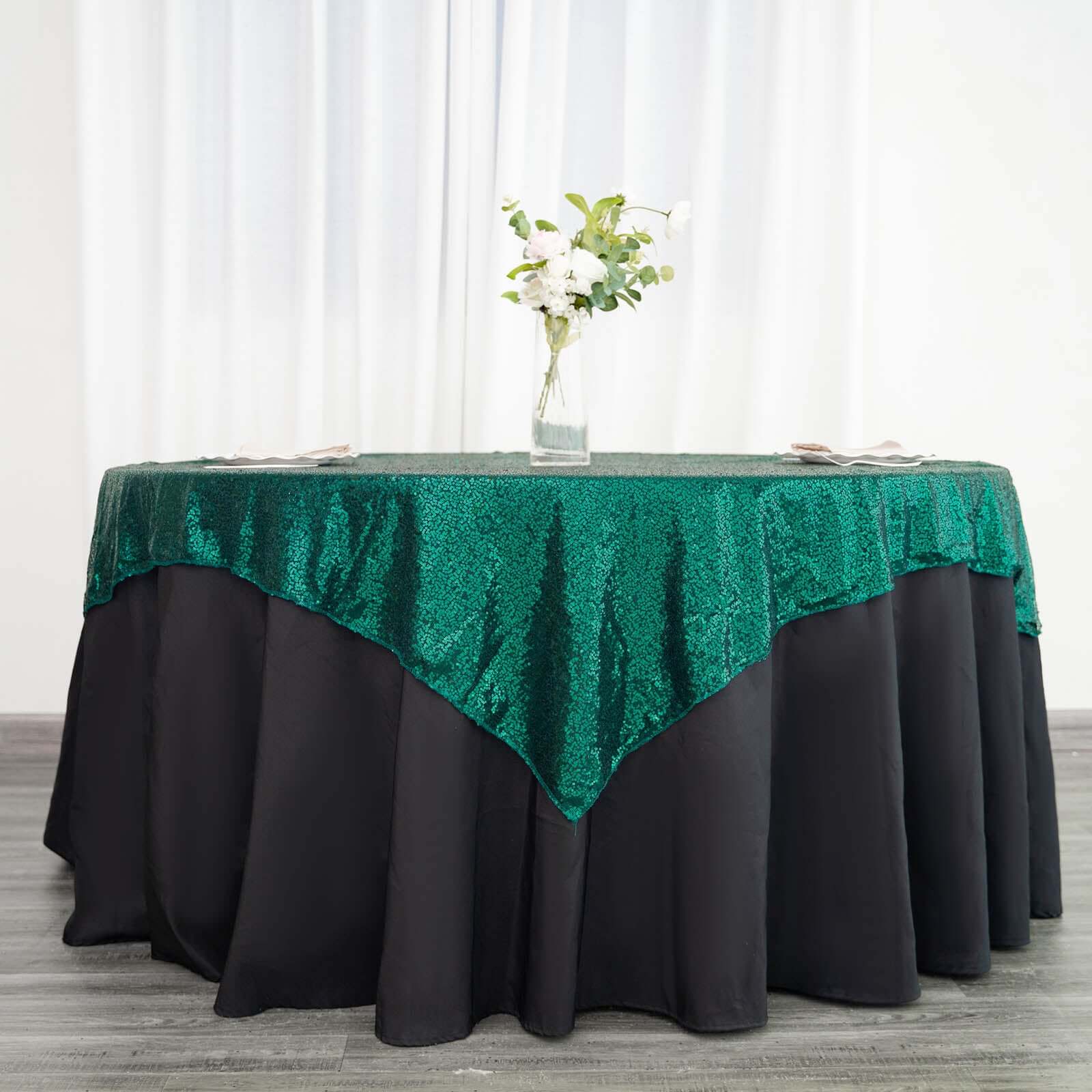 Sequin 60"x60" Table Overlay Square Tablecloth Hunter Emerald Green - Luxe Wedding Table Topper