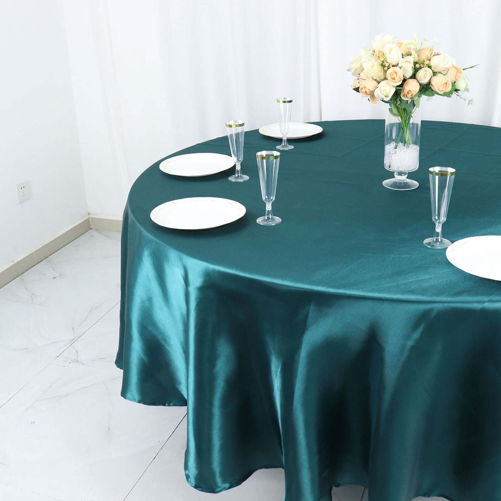 Satin 108" Round Tablecloth Peacock Teal - Smooth and Lustrous Table Cover