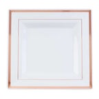10-Pack Plastic Dinner Plates White Square with Rose Gold Trim - Lightweight Disposable Plates for Events 10"