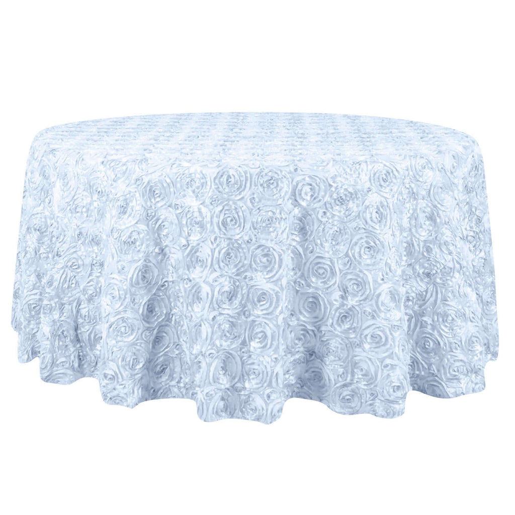 Satin 132" Round Tablecloth White - Grandiose 3D Rosette Design with Seamless Finish for Chic Occasions