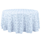 Satin 132" Round Tablecloth White - Grandiose 3D Rosette Design with Seamless Finish for Chic Occasions