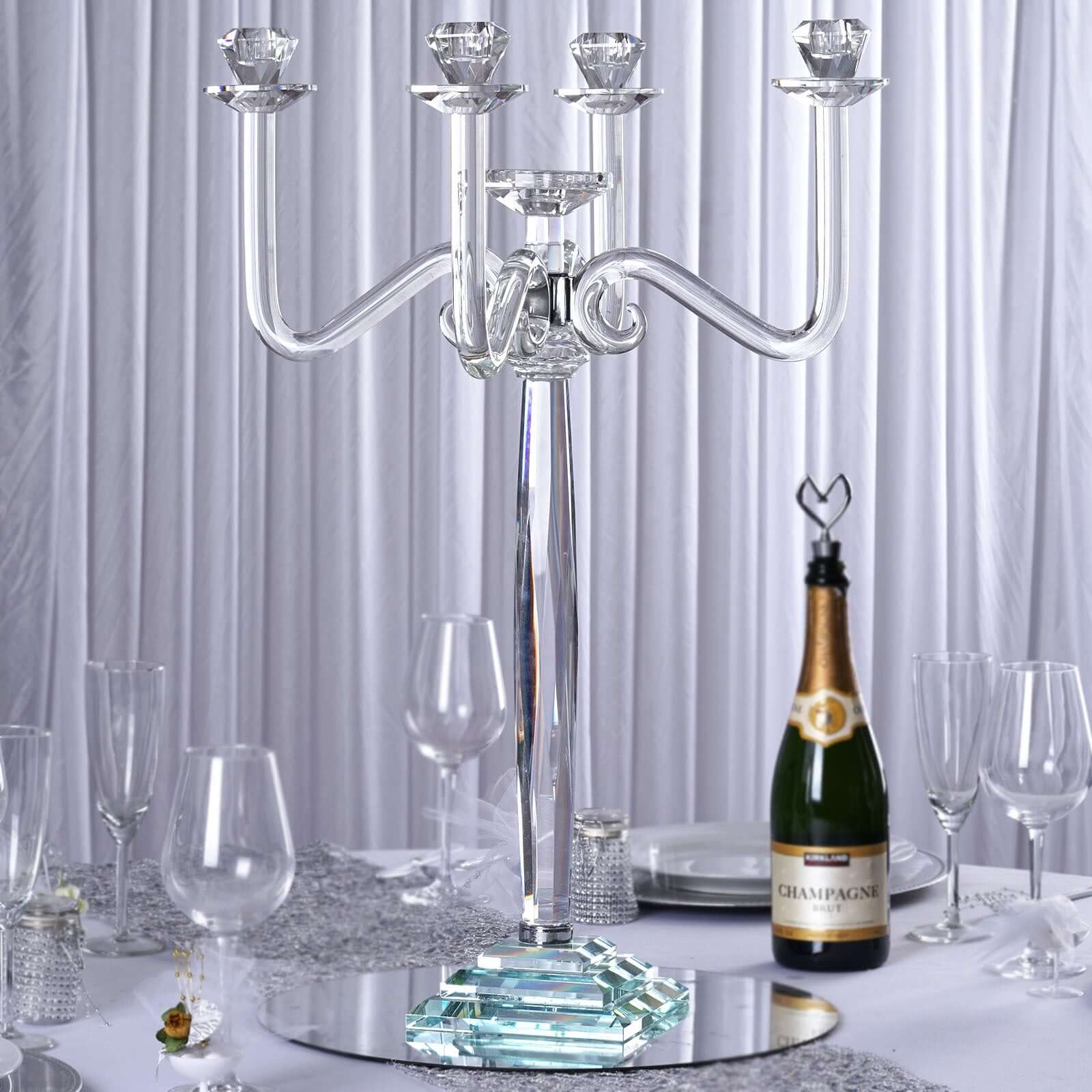 5 Arm Crystal Glass Candelabra Clear- Exquisite Decorative Taper Candle Holder Table Centerpiece for Grand Celebrations 27"