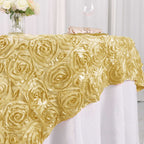Satin 72"x72" Table Overlay Square Tablecloth Champagne - 3D Rosette Table Cover