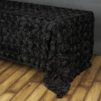 Satin 90"x156" Rectangle Tablecloth Black - Grandiose 3D Rosette Table Cover with Seamless Finish