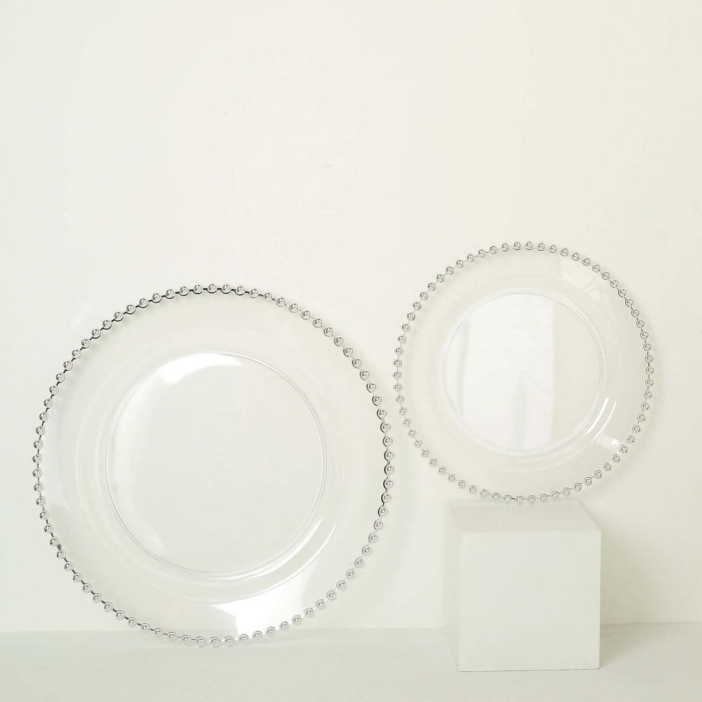 10-Pack Plastic 10" Round Dinner Plates in Clear with Silver Beaded Rim - Disposable Party Plates for Banquets & Festive Occasions