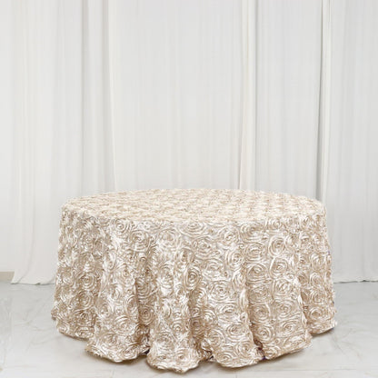 Satin 120" Round Tablecloth Beige - Grandiose 3D Rosette with Seamless Finish Table Cover