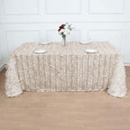 Taffeta 90"x132" Rectangle Tablecloth Beige | 3D Leaf Petal Design Seamless Table Cover