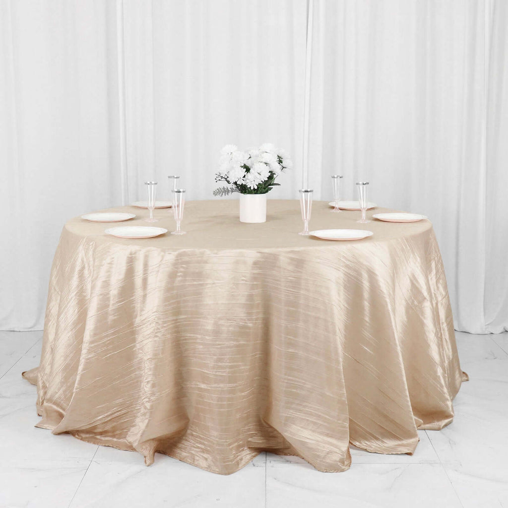 Taffeta 132" Round Tablecloth Beige - Seamless Accordion Crinkle Table Cover