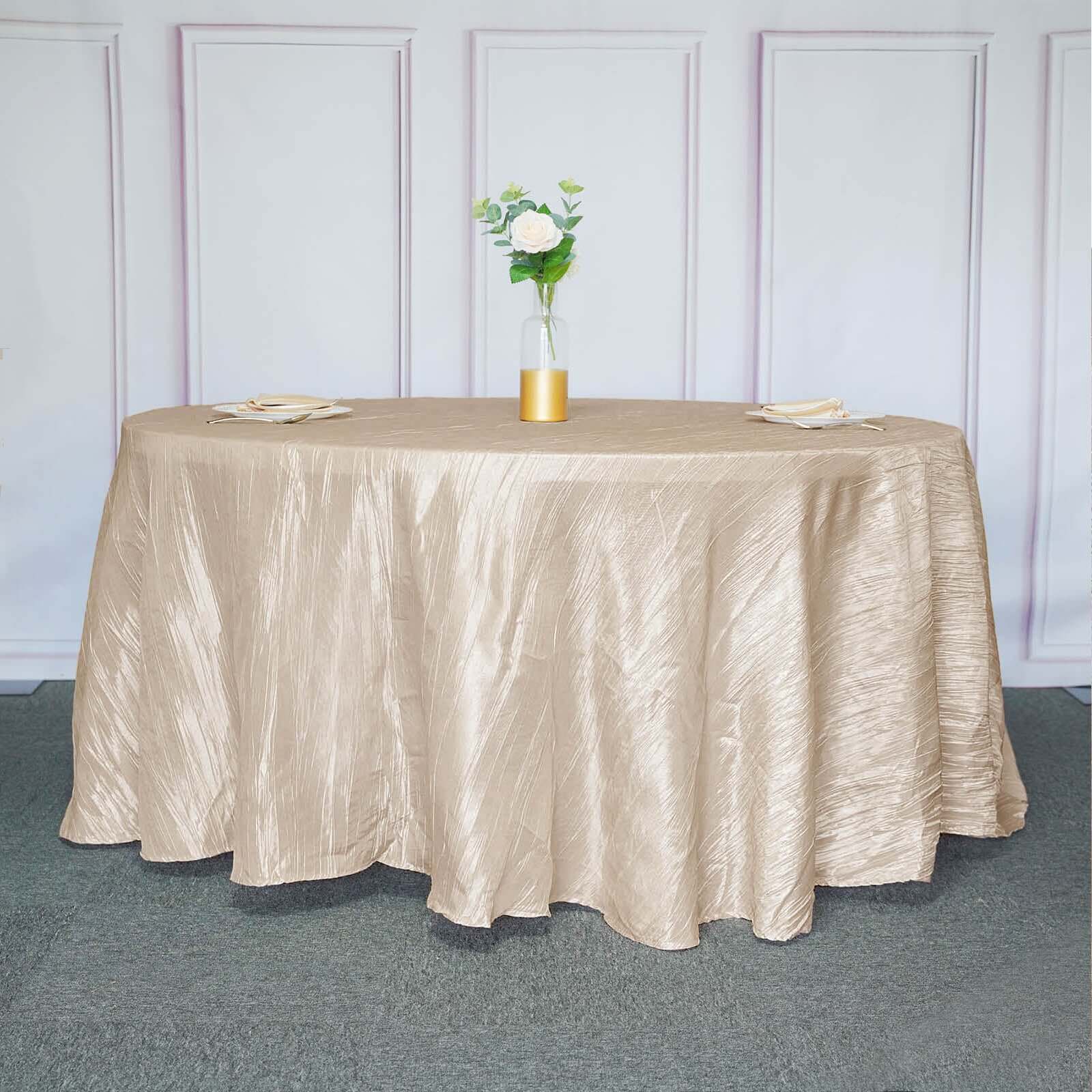 Taffeta 120" Round Tablecloth Beige - Seamless Accordion Crinkle Table Cover