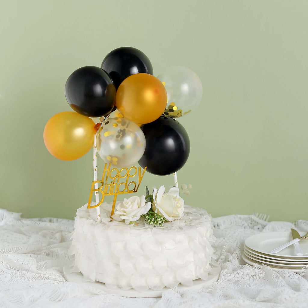 11 Pcs Balloon Cake Topper Black, Clear and Gold - Whimsical Clustered Mini Garland Cake Inserts DIY Party Decorations