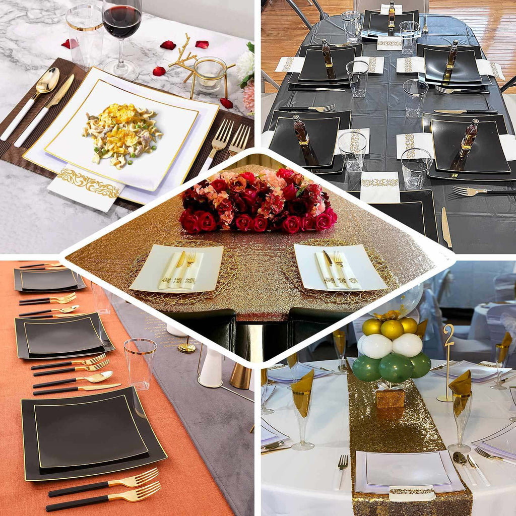 10-Pack Plastic 8" Square Dessert Plates in Black Concave Style with Gold Rim - Modern Disposable Salad Appetizer Party Plates