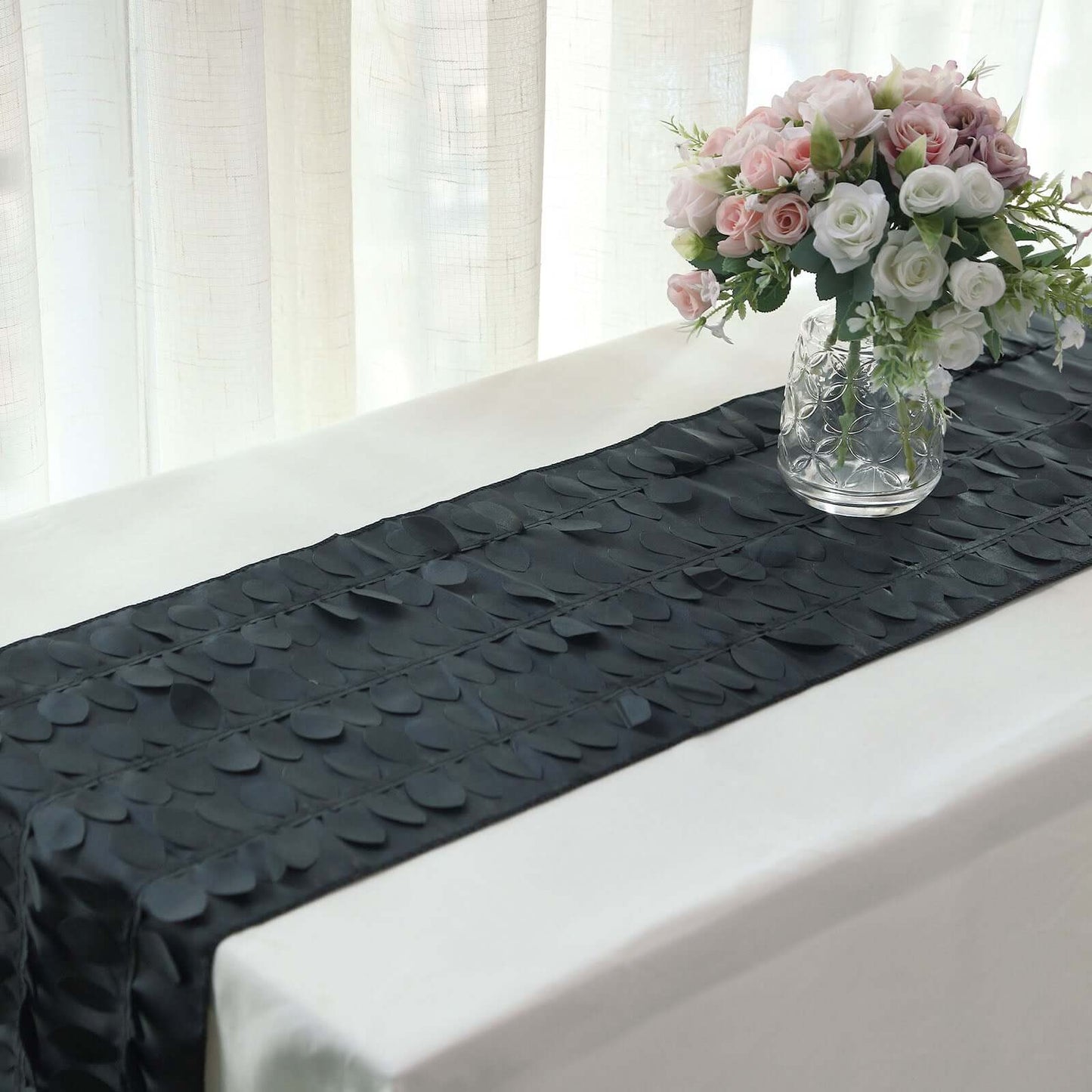 Taffeta Fabric 12"x108" Table Runner Black - 3D Leaf Petal Design