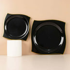 10-Pack Plastic 10" Square Dinner Plates in Black with Gold Wavy Rim Modern - Disposable Party Plates