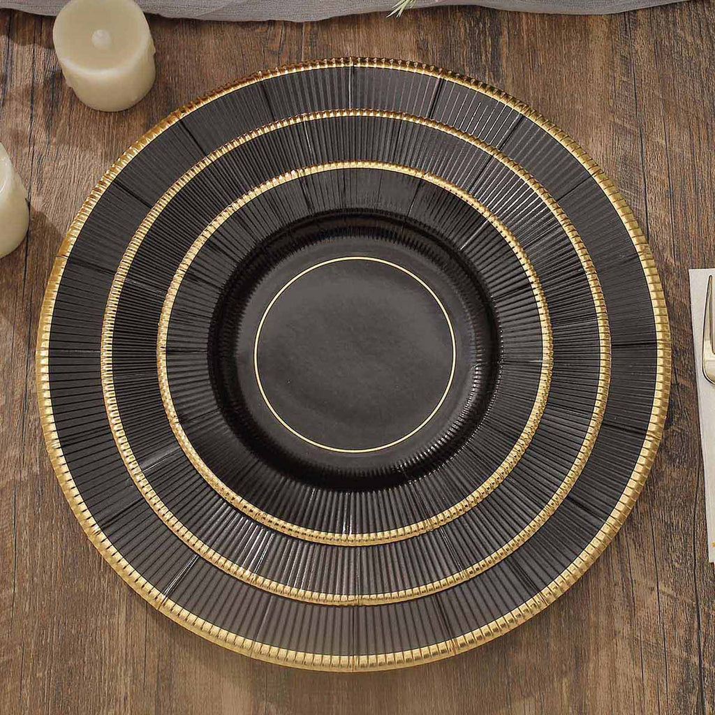 25-Pack Paper 8" Round Dessert Plates in Black Sunray Design with Gold Rim - Disposable Heavy Duty 350GSM Appetizer Salad Plates