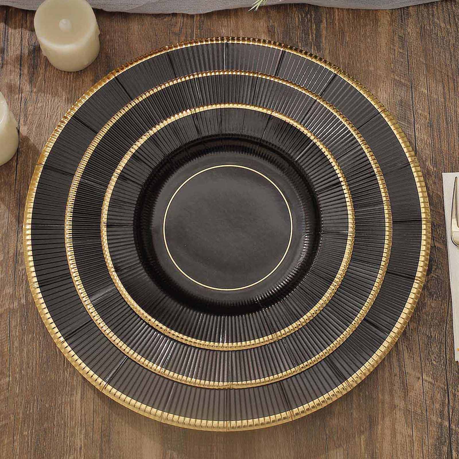 25-Pack Paper 8" Round Dessert Plates in Black Sunray Design with Gold Rim - Disposable Heavy Duty 350GSM Appetizer Salad Plates