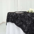 Satin 72"x72" Table Overlay Square Tablecloth Black - 3D Rosette Design for Stylish Occasions