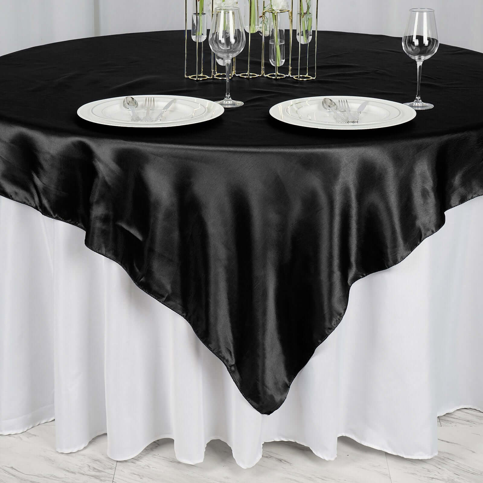 Satin 72"x72" Table Overlay Square Tablecloth Black - Smooth Finish for Luxurious Events