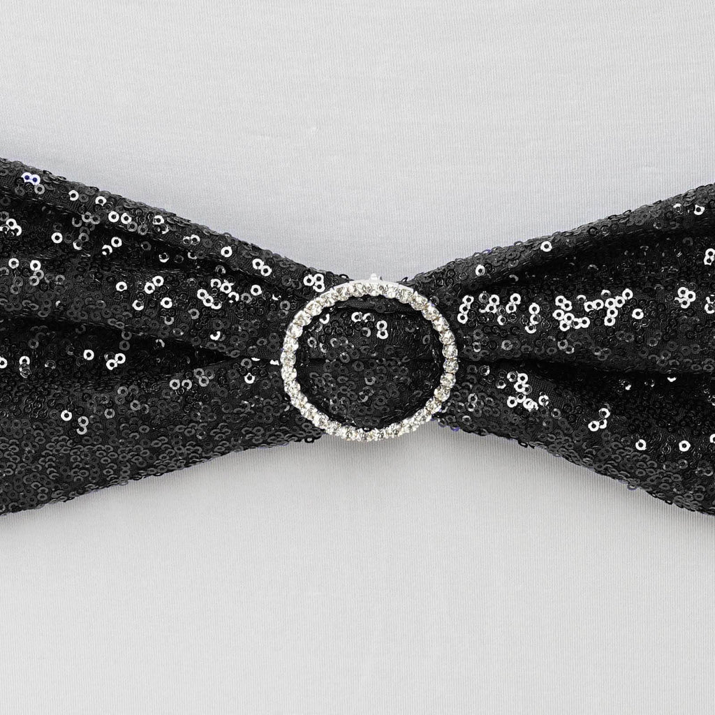 5 Pack Sequin Spandex Chair Sashes Black - Sparkly Stretch Chair Bands for Glamorous Events 6"x15"