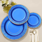 25-Pack Disposable Round Charger Plates in Royal Blue Sunray Design with Gold Rim - 350GSM Heavy Duty Paper Chargers 13"