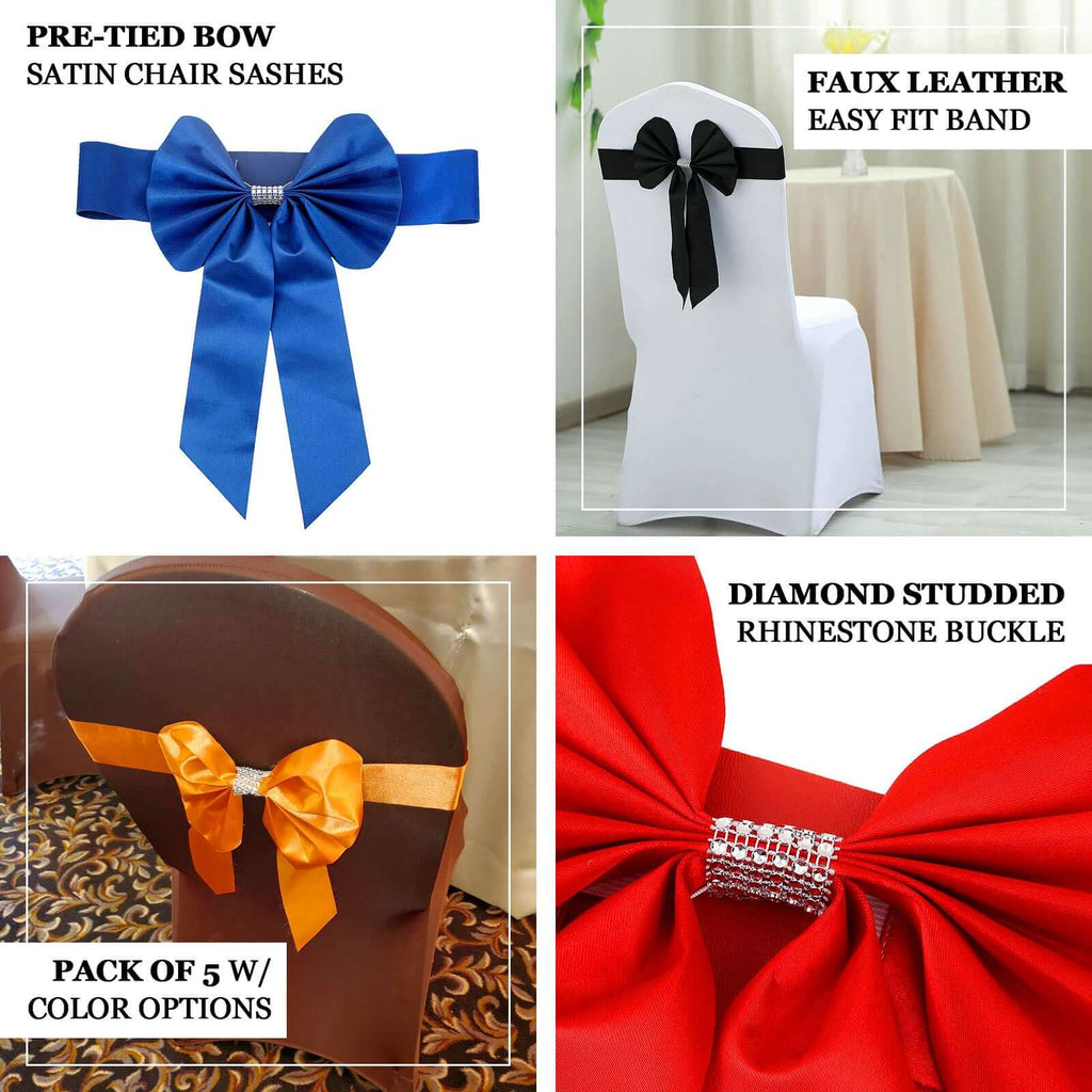 5 Pack Satin Faux Leather Chair Sashes Royal Blue - Durable Double Sided Pre-tied Bow Tie Chair Bands with Diamond Rhinestone Buckles