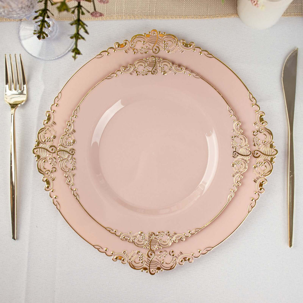 10-Pack Plastic 8" Round Dessert Plates in Blush with Gold Leaf Embossed Rim - Disposable Vintage Baroque Style Salad Plates