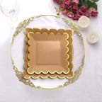 25-Pack Paper 7" Square Dessert Plates in Natural Brown with Gold Scalloped Rim - Disposable Salad Appetizer Party Plates for Stylish Outdoor Events & Boho Celebrations