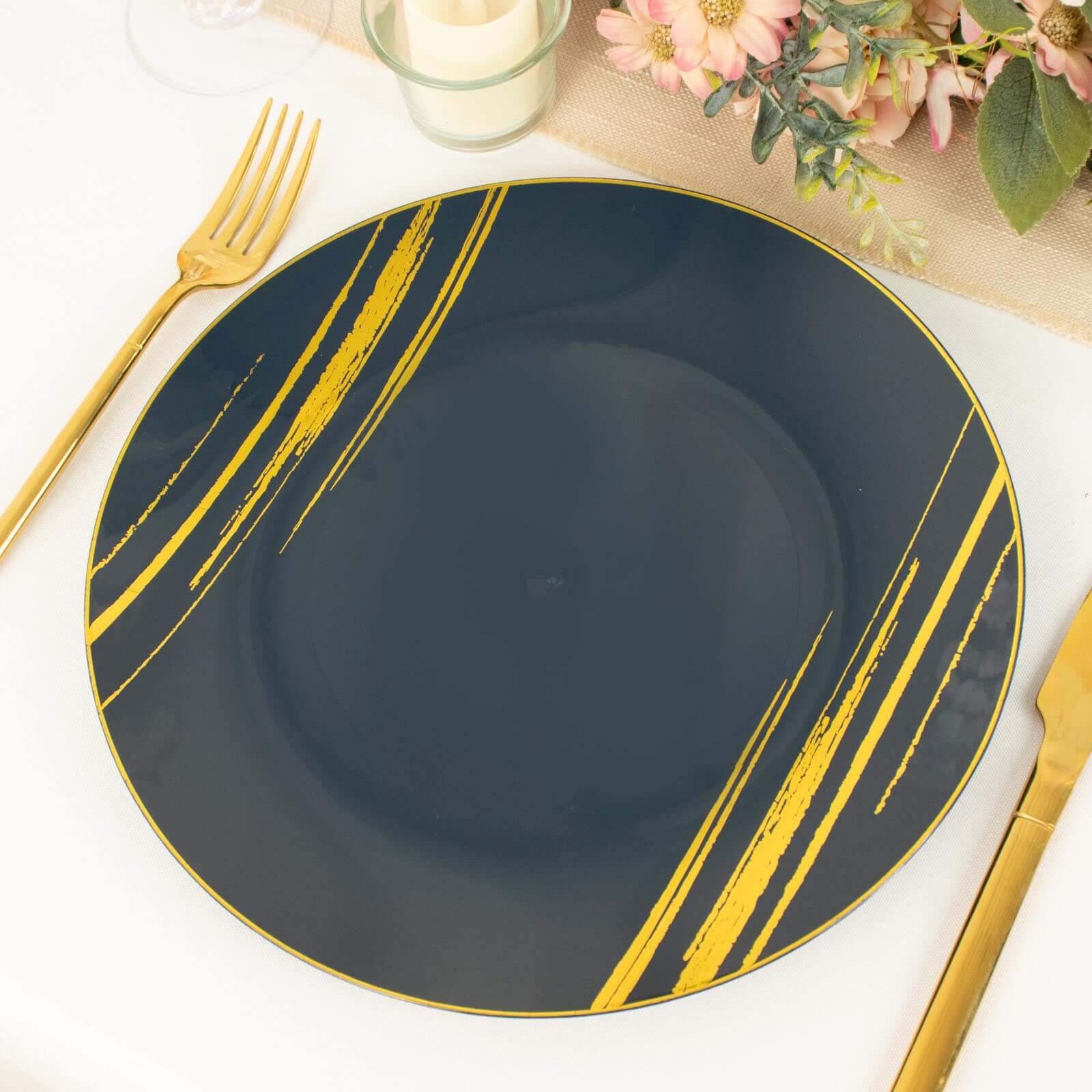 10-Pack Plastic 10" Round Dinner Plates in Navy Blue with Gold Brush Stroked Print - Disposable Party Dinnerware