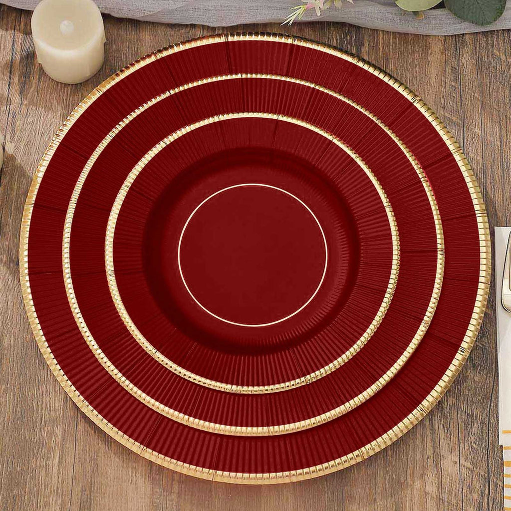 25-Pack Paper 8" Round Dessert Plates in Burgundy Sunray Design with Gold Rim - Disposable Heavy Duty 350GSM Appetizer Salad Plates