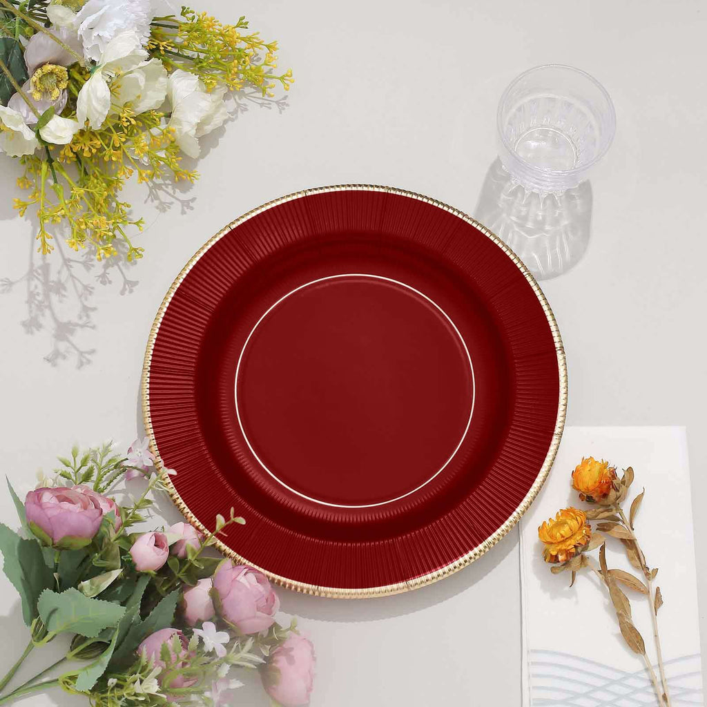25-Pack Paper 10" Round Dinner Plates in Burgundy Sunray Design with Gold Rim - Disposable Heavy Duty 350GSM Party Plates