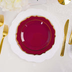 10-Pack Plastic 8" Round Dessert Plates in Burgundy with Gold Scalloped Rim - Disposable Appetizer/Salad Plates