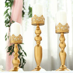 Set of 3 Lace Hurricane Candle Holders Antique Gold with Glass Shades - Chic Pillar Candle Stands 12", 14", 17"