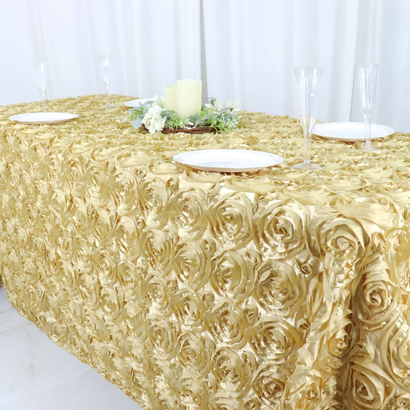 Satin 90"x132" Rectangle Tablecloth Champagne - Grandiose 3D Rosette Seamless Table Cover