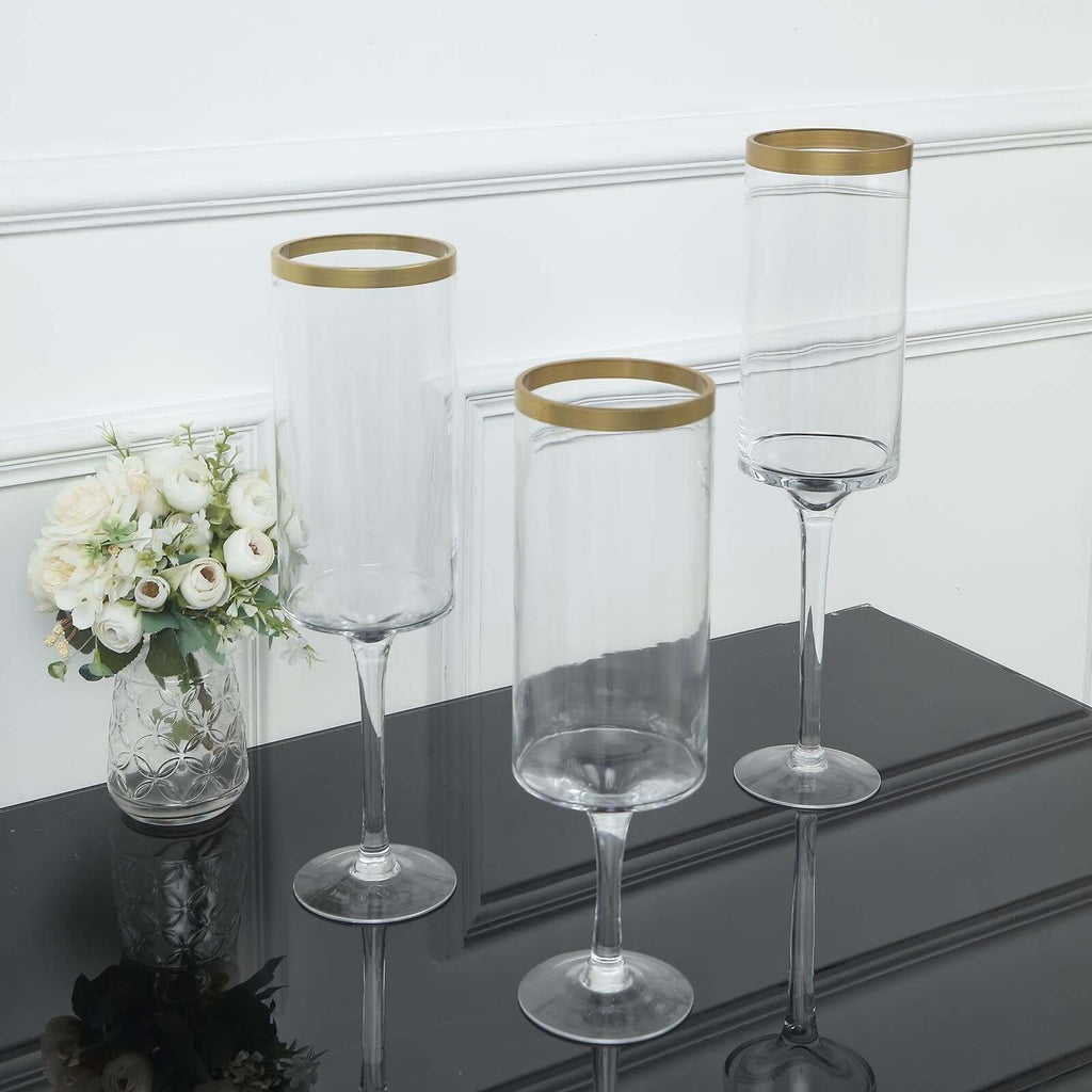 Set of 3 Glass Hurricane Candle Holders Long Stem Clear with Gold Rim - Decorative Pedestal Floral Centerpieces 16", 18", 20"