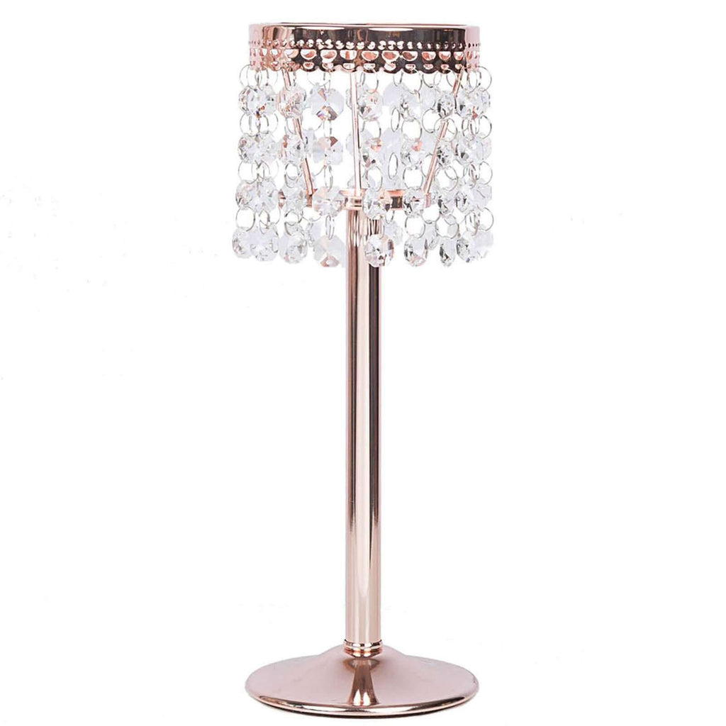 Crystal Beaded Chandelier Metal Candle Holder Rose Gold - Sophisticated Pillar Tealight Stand 12"