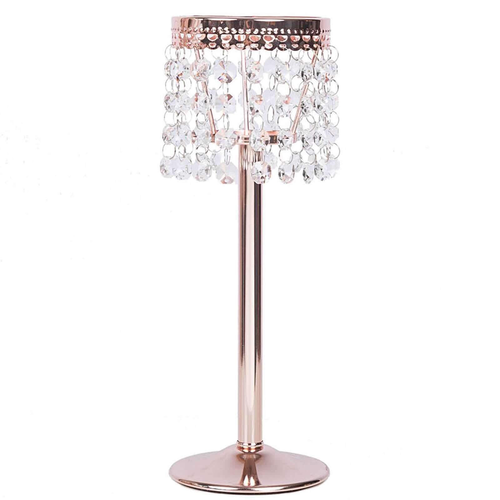 Crystal Beaded Chandelier Metal Candle Holder Rose Gold - Sophisticated Pillar Tealight Stand 12"