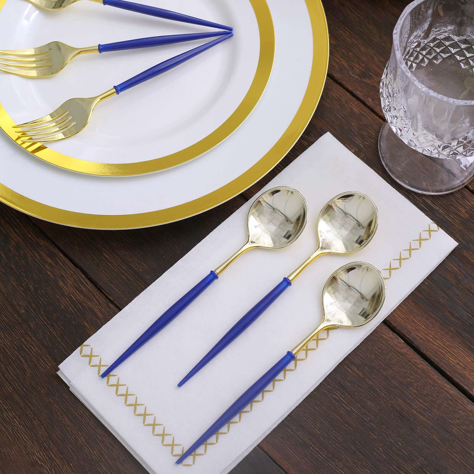 24-Pack Plastic Fork and Spoon Set Gold/Royal Blue 6"
