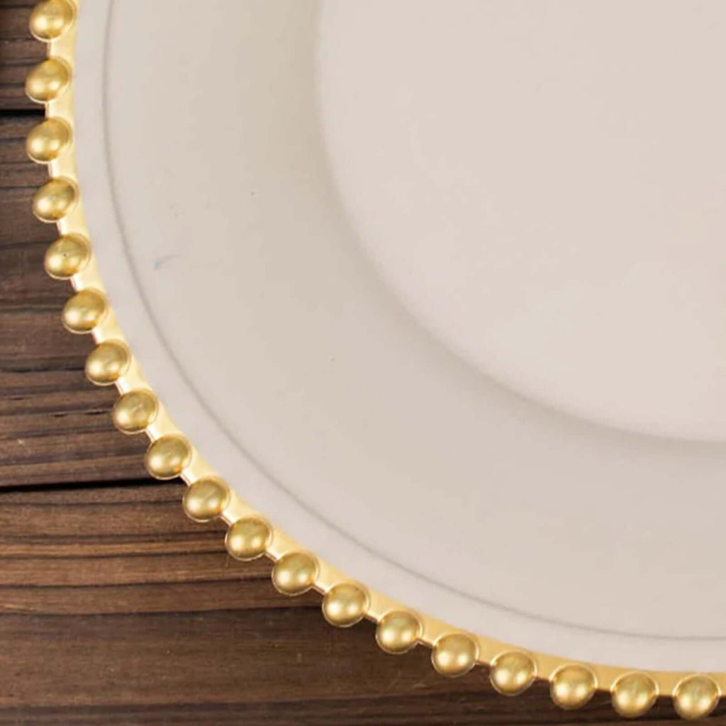 6-Pack Acrylic Round Charger Plates 13" in Taupe with Gold Beaded Rim, Decorative Dinner Party Charger Tableware