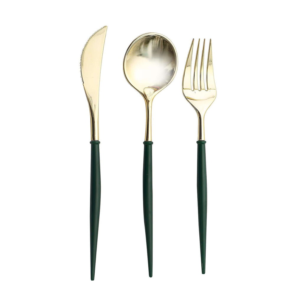 24-Pack Plastic Flatware Set in Metallic Gold with Hunter Emerald Green Handle - Heavy Duty Disposable Modern Silverware 8"