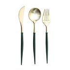 24-Pack Plastic Flatware Set in Metallic Gold with Hunter Emerald Green Handle - Heavy Duty Disposable Modern Silverware 8"
