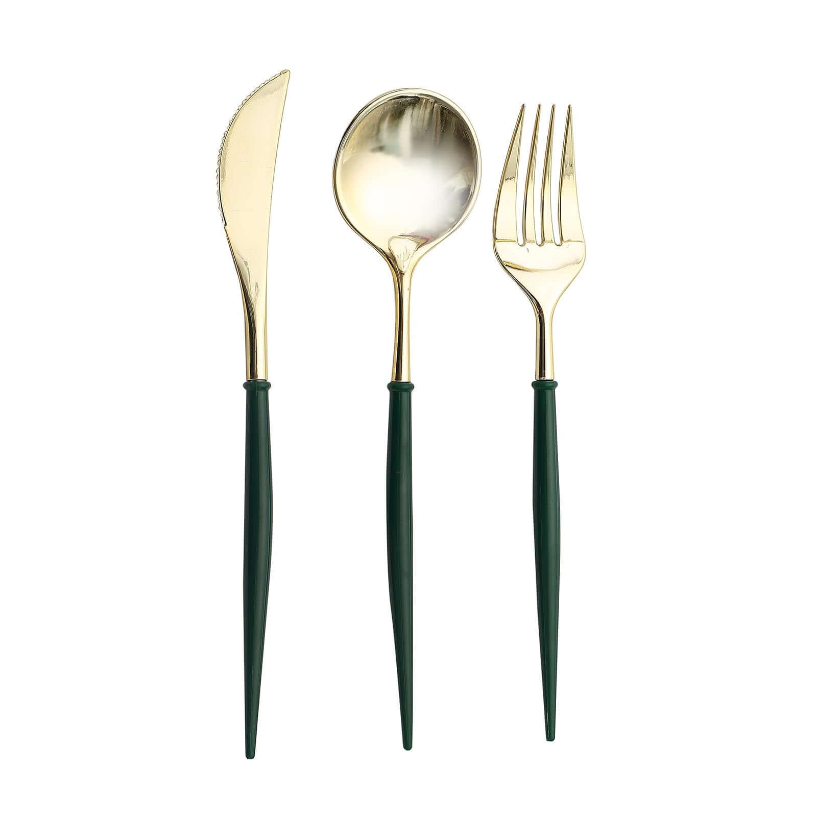 24-Pack Plastic Flatware Set in Metallic Gold with Hunter Emerald Green Handle - Heavy Duty Disposable Modern Silverware 8"