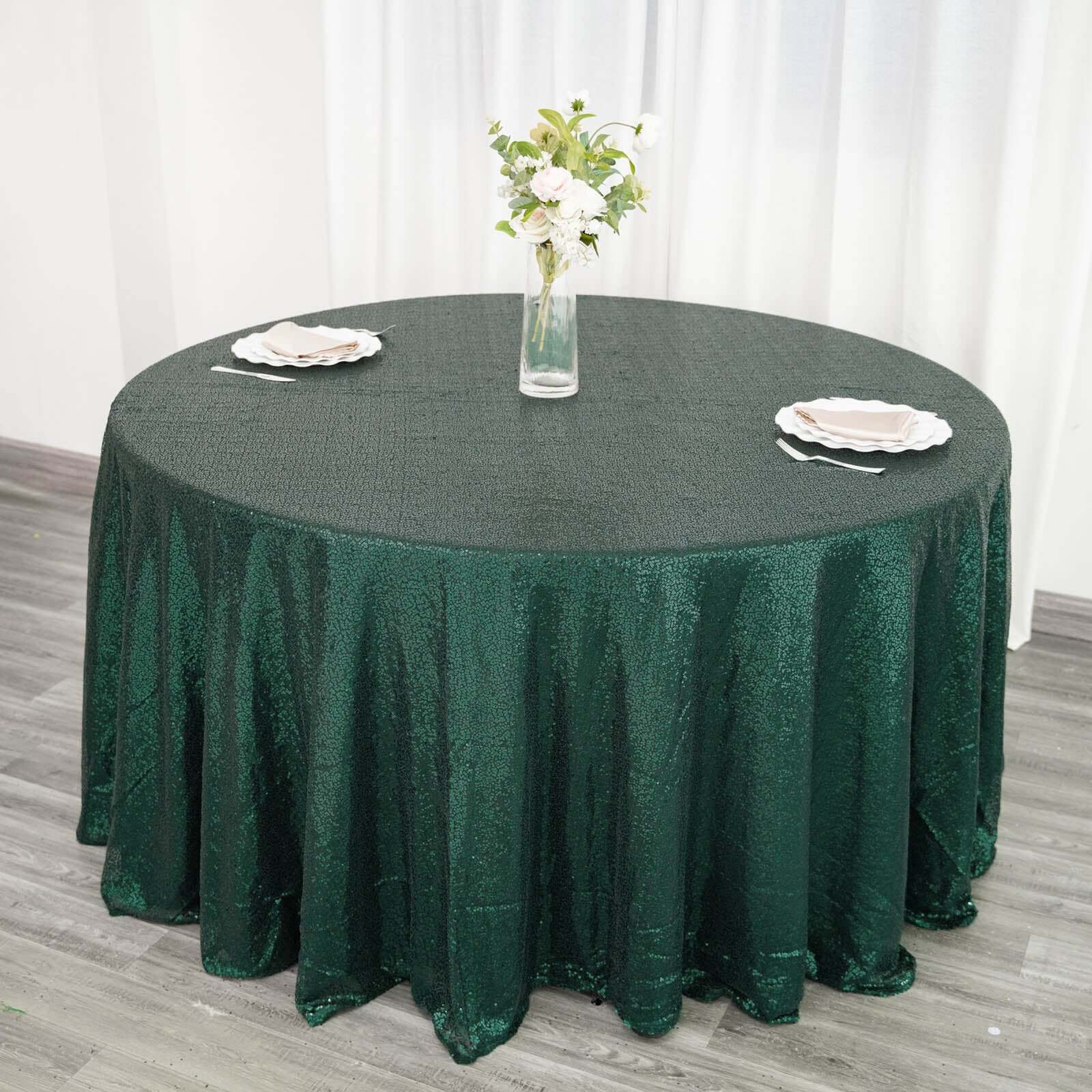 Sequin 120" Round Tablecloth Hunter Emerald Green - Seamless Glittering Table Cover