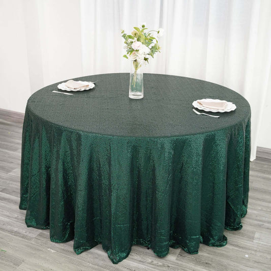 Sequin 120" Round Tablecloth Hunter Emerald Green - Seamless Glittering Table Cover
