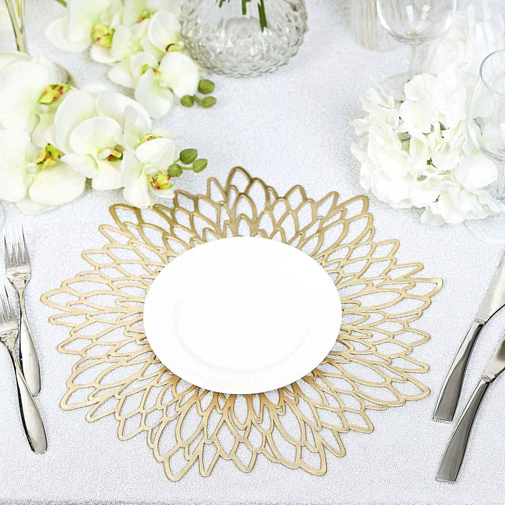 6-Pack Dining Table Mats Floral Design Gold - Metallic Vinyl Round Non-Slip Mats for Tables 15"
