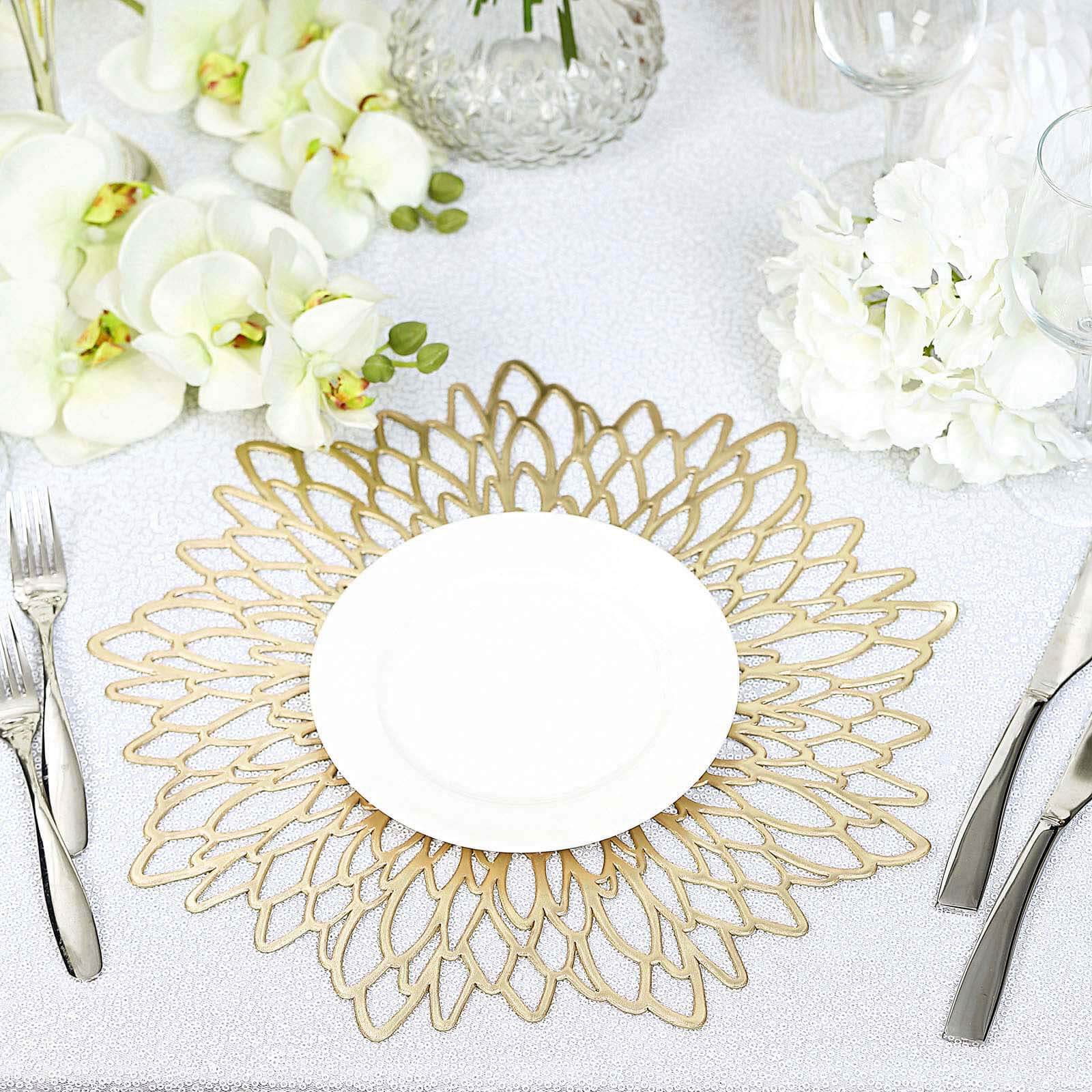 6-Pack Dining Table Mats Floral Design Gold - Metallic Vinyl Round Non-Slip Mats for Tables 15"