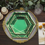 25-Pack Paper 7" Hexagon Dessert Plates in Hunter Emerald Green with Gold Geometric Lines & Rim - Stylish Disposable Geometric 300GSM Appetizer Salad Plates