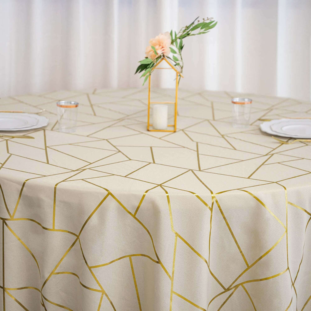 Polyester 120" Round Tablecloth Beige with Gold Foil Geometric Pattern Wrinkle-Resistant Seamless Table Cover