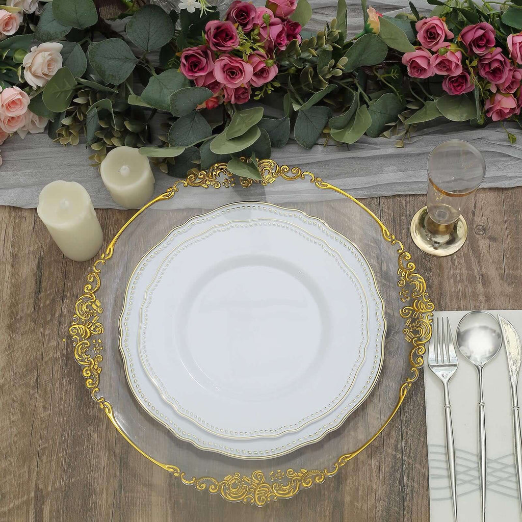 10-Pack Plastic 10" Dinner Plates in White with Gold Scalloped Rim - Disposable Large Party Plates for Upscale Events & Banquets