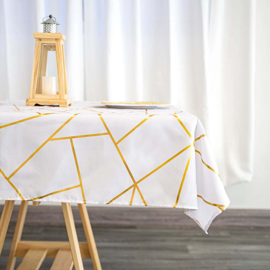 Polyester 54"x54" Square Tablecloth White with Gold Foil Geometric Pattern - Wrinkle-Resistant & Durable for Stylish Settings