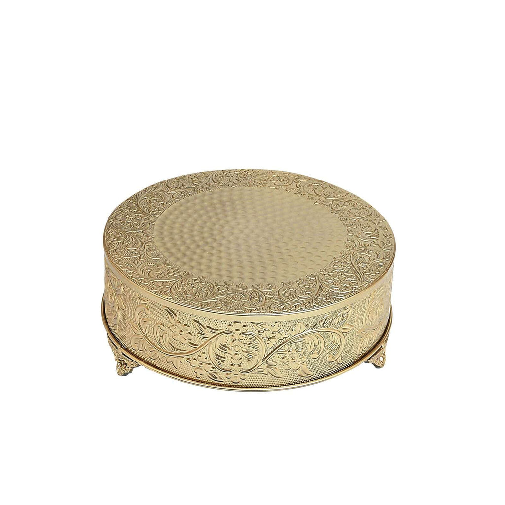 Metal 14" Round Cake Pedestal Stand Matte Gold - Cupcake Dessert Display Riser with Intricate Embossed Design for Upscale Events & Gatherings
