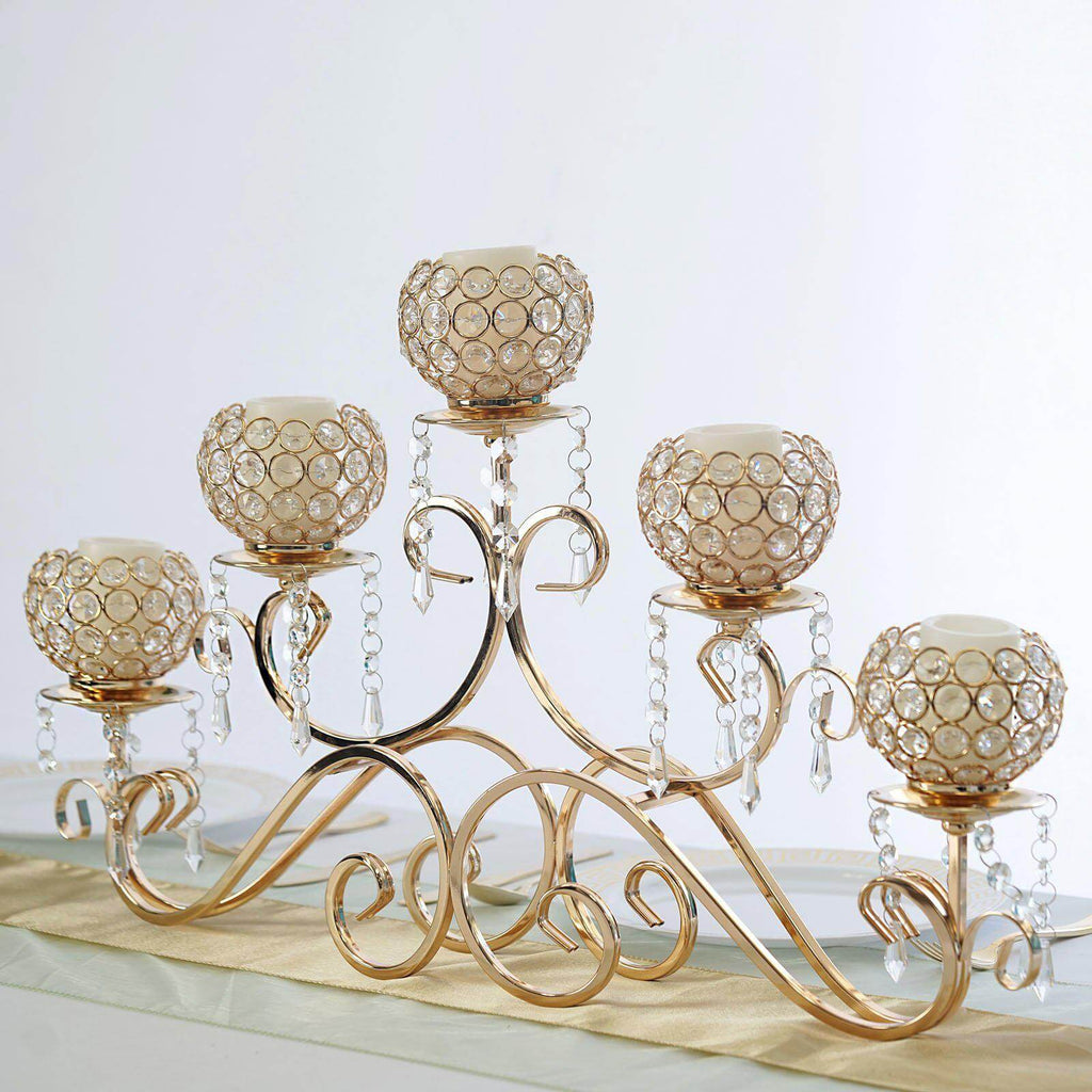 5-Arm Metal Candelabra Horizontal Design with Crystal Goblets Gold - Table Centerpiece for Events 27"
